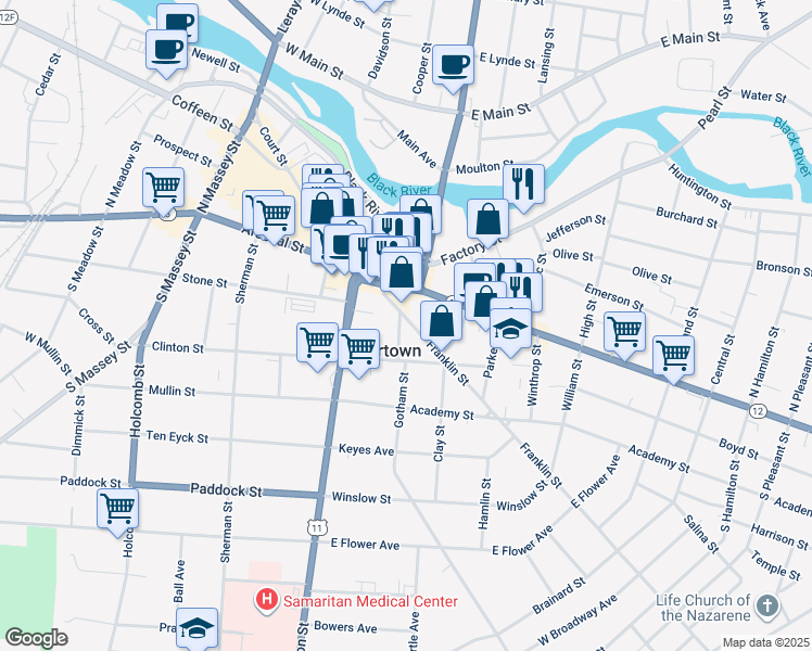 map of restaurants, bars, coffee shops, grocery stores, and more near 121 Franklin Street in Watertown