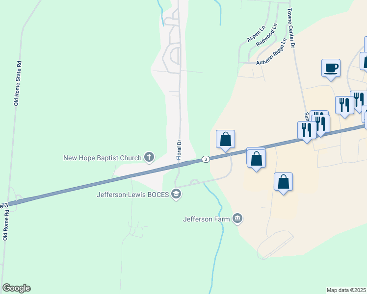 map of restaurants, bars, coffee shops, grocery stores, and more near 21194 Floral Drive in Watertown