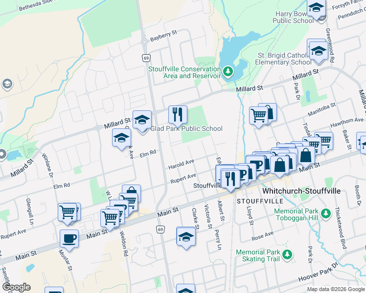 map of restaurants, bars, coffee shops, grocery stores, and more near 132 William Street in Whitchurch-Stouffville