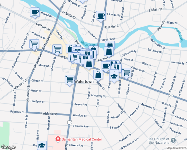 map of restaurants, bars, coffee shops, grocery stores, and more near 226 State Street in Watertown