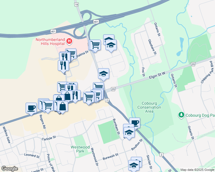 map of restaurants, bars, coffee shops, grocery stores, and more near in Cobourg