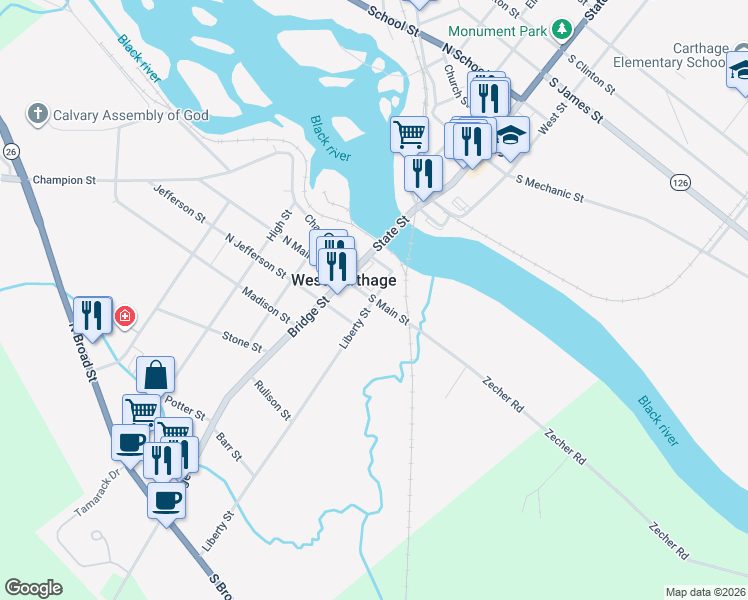map of restaurants, bars, coffee shops, grocery stores, and more near Liberty Street & South Main Street in Carthage