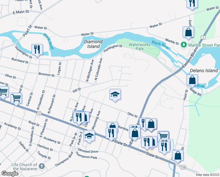 map of restaurants, bars, coffee shops, grocery stores, and more near 256 Michigan Avenue in Watertown