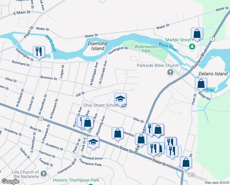 map of restaurants, bars, coffee shops, grocery stores, and more near 256 Michigan Avenue in Watertown