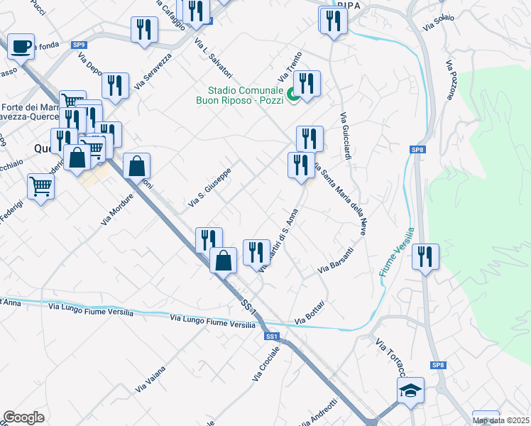 map of restaurants, bars, coffee shops, grocery stores, and more near 190/A Via Sceltino in Seravezza
