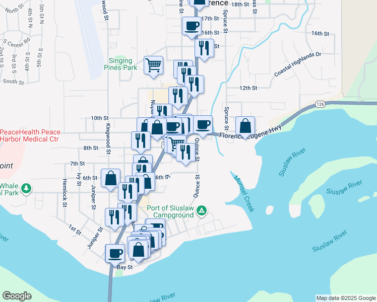 map of restaurants, bars, coffee shops, grocery stores, and more near 1720 Oregon 126 in Florence