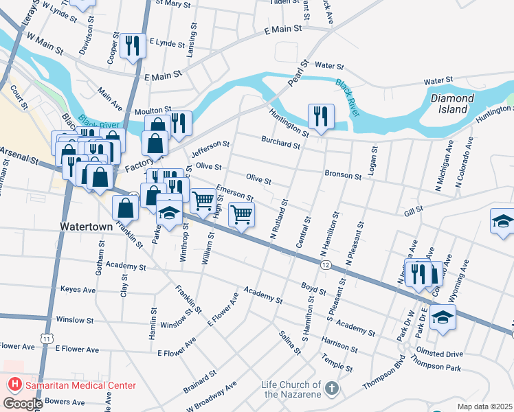 map of restaurants, bars, coffee shops, grocery stores, and more near 665 Emerson Street in Watertown