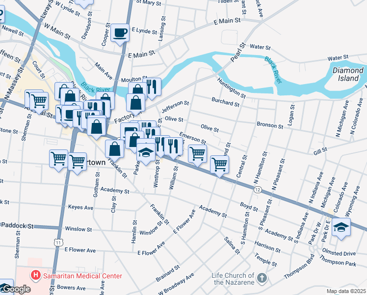 map of restaurants, bars, coffee shops, grocery stores, and more near 167 High Street in Watertown