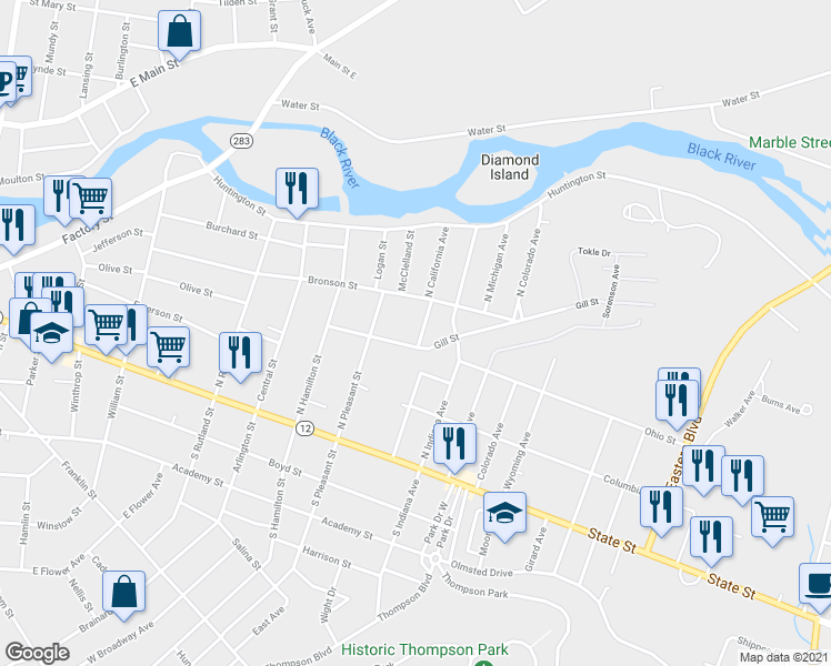 map of restaurants, bars, coffee shops, grocery stores, and more near 259 North California Avenue in Watertown