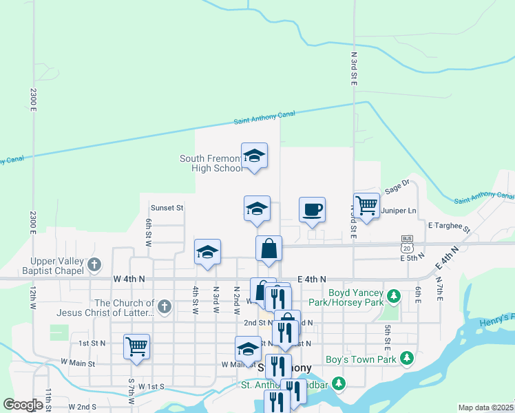 map of restaurants, bars, coffee shops, grocery stores, and more near 599 North 1st West in Saint Anthony