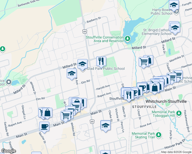 map of restaurants, bars, coffee shops, grocery stores, and more near 12421 Ninth Line in Whitchurch-Stouffville