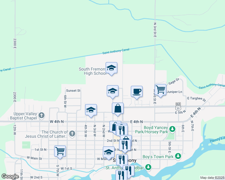 map of restaurants, bars, coffee shops, grocery stores, and more near 599 North 1st West in Saint Anthony