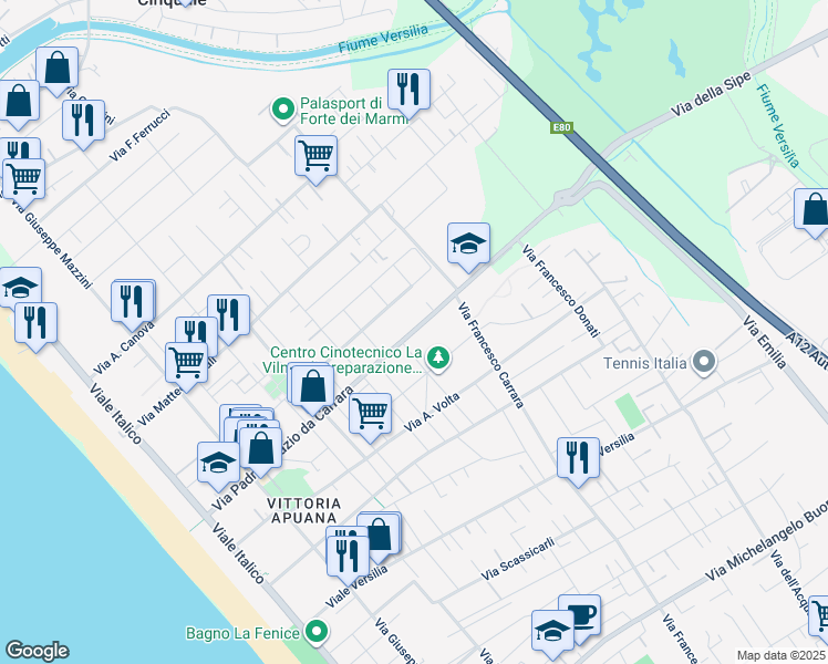 map of restaurants, bars, coffee shops, grocery stores, and more near 56 Via Ignazio da Carrara Padre in Forte dei Marmi