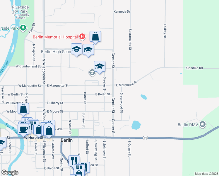 map of restaurants, bars, coffee shops, grocery stores, and more near 343 East Marquette Street in Berlin