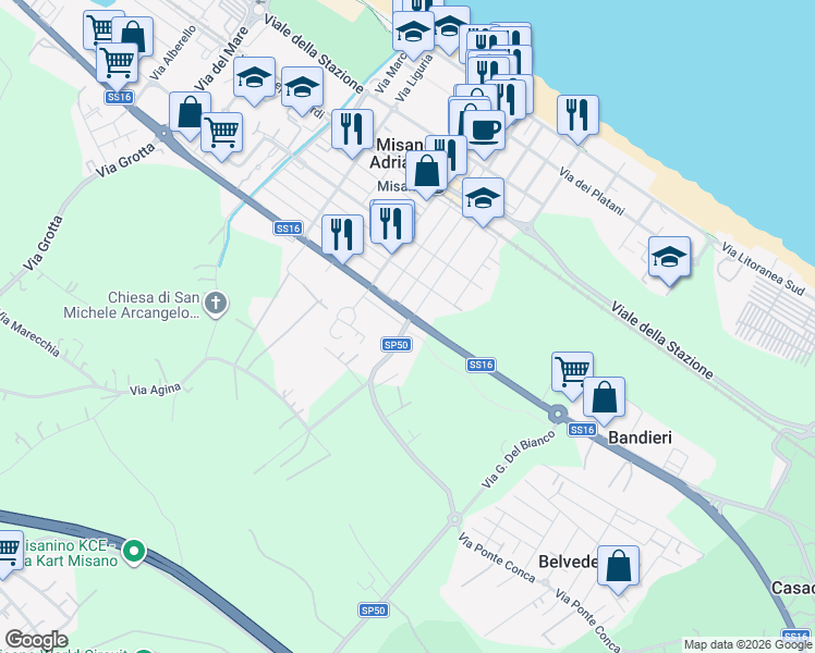 map of restaurants, bars, coffee shops, grocery stores, and more near Strada Statale 16 Adriatica in Misano Adriatico