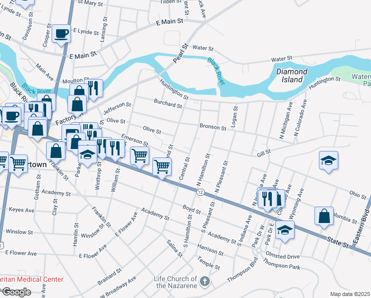 map of restaurants, bars, coffee shops, grocery stores, and more near 820 Leon Avenue in Watertown