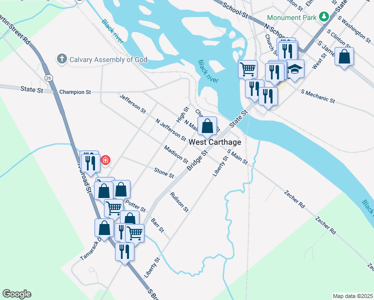 map of restaurants, bars, coffee shops, grocery stores, and more near 9 North Jefferson Street in Carthage