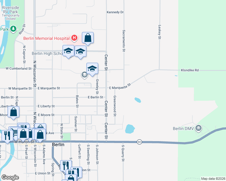 map of restaurants, bars, coffee shops, grocery stores, and more near 356 East Marquette Street in Berlin