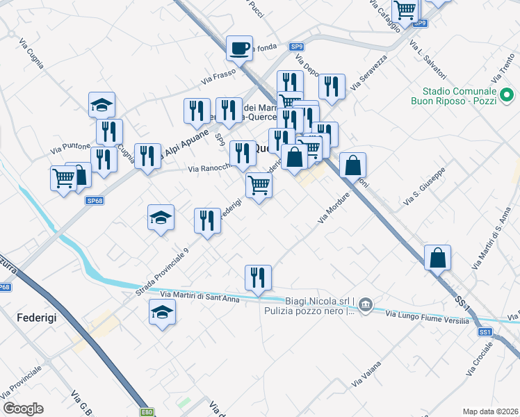 map of restaurants, bars, coffee shops, grocery stores, and more near Via Fortunato Federigi in Ripa- Pozzi-Ponterosso