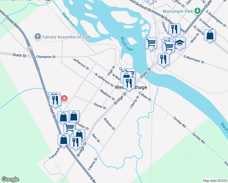 map of restaurants, bars, coffee shops, grocery stores, and more near 9 North Jefferson Street in Carthage
