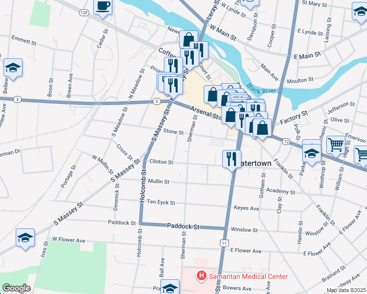 map of restaurants, bars, coffee shops, grocery stores, and more near 227 Stone Street in Watertown