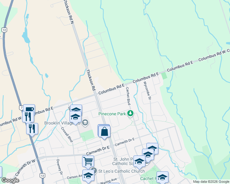 map of restaurants, bars, coffee shops, grocery stores, and more near 146 Shrewsbury Drive in Whitby