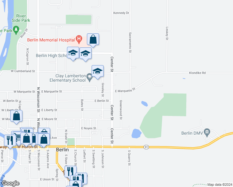 map of restaurants, bars, coffee shops, grocery stores, and more near 343 East Marquette Street in Berlin
