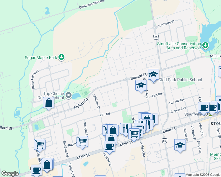 map of restaurants, bars, coffee shops, grocery stores, and more near 38 Sugardale Street in Whitchurch-Stouffville