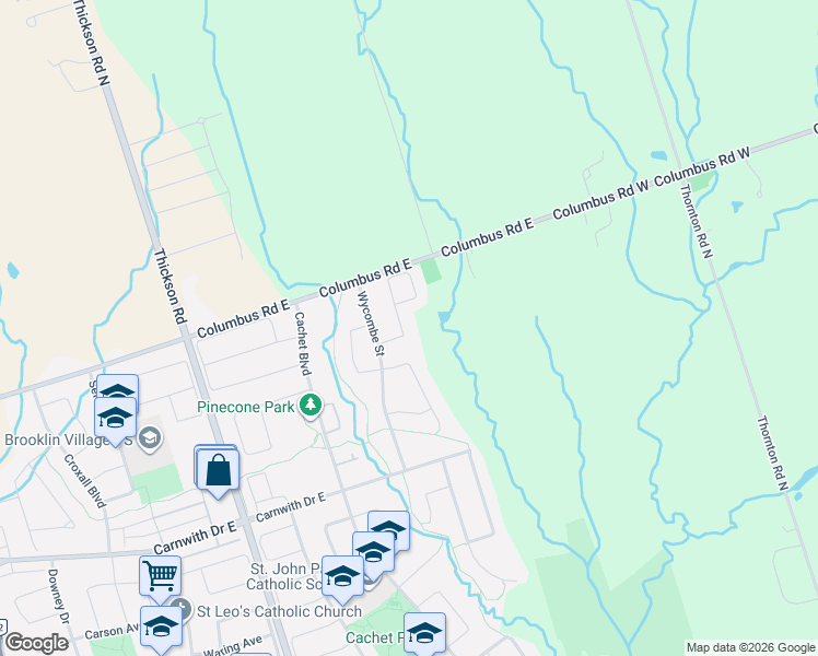 map of restaurants, bars, coffee shops, grocery stores, and more near 15 Burning Springs Place in Whitby