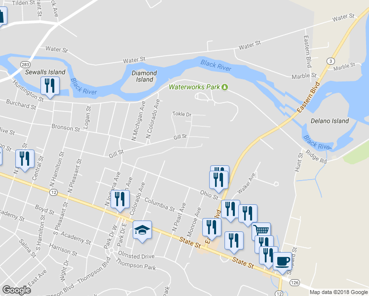 map of restaurants, bars, coffee shops, grocery stores, and more near 320 Michigan Avenue in Watertown