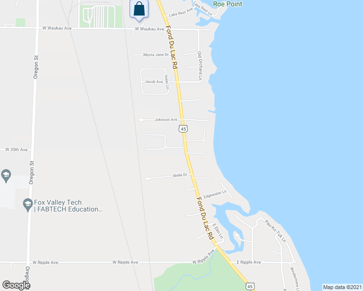 map of restaurants, bars, coffee shops, grocery stores, and more near 20 Cherry Park Court in Oshkosh