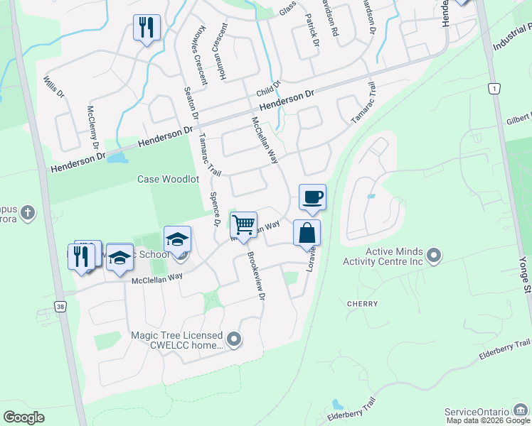 map of restaurants, bars, coffee shops, grocery stores, and more near 25 Briardale Place in Aurora
