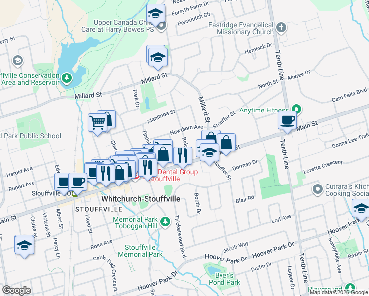 map of restaurants, bars, coffee shops, grocery stores, and more near 30 Baker Street in Whitchurch-Stouffville