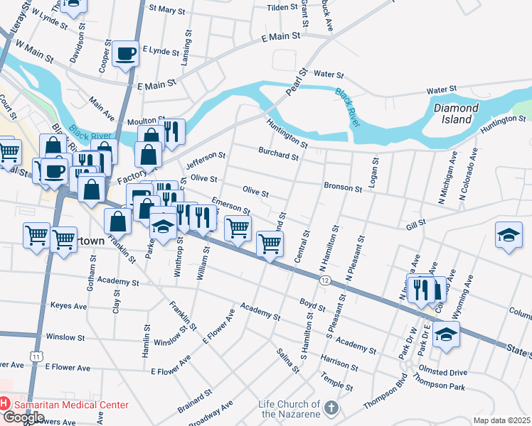 map of restaurants, bars, coffee shops, grocery stores, and more near 665 Emerson Street in Watertown