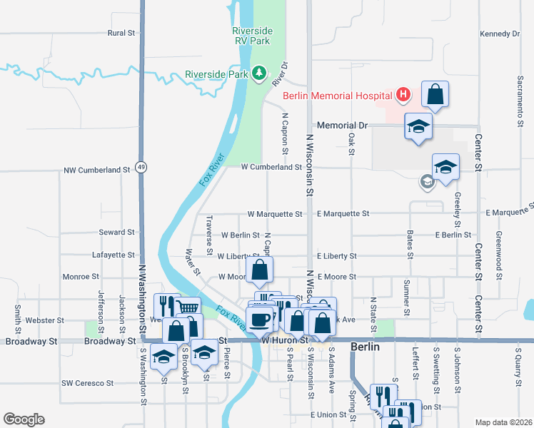 map of restaurants, bars, coffee shops, grocery stores, and more near 156 West Marquette Street in Berlin