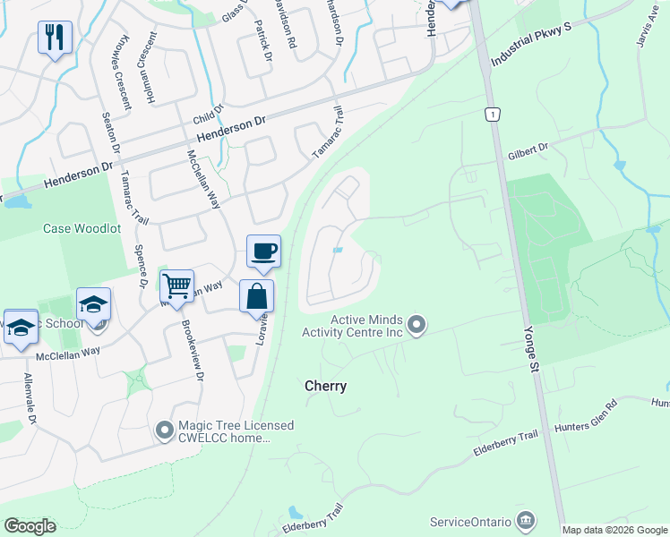 map of restaurants, bars, coffee shops, grocery stores, and more near 37 Woodhaven Avenue in Aurora