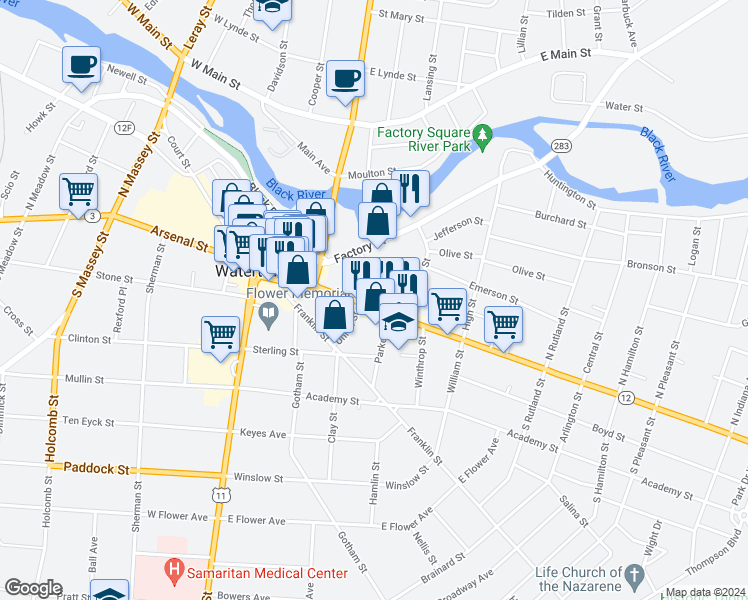 map of restaurants, bars, coffee shops, grocery stores, and more near 291 State Street in Watertown