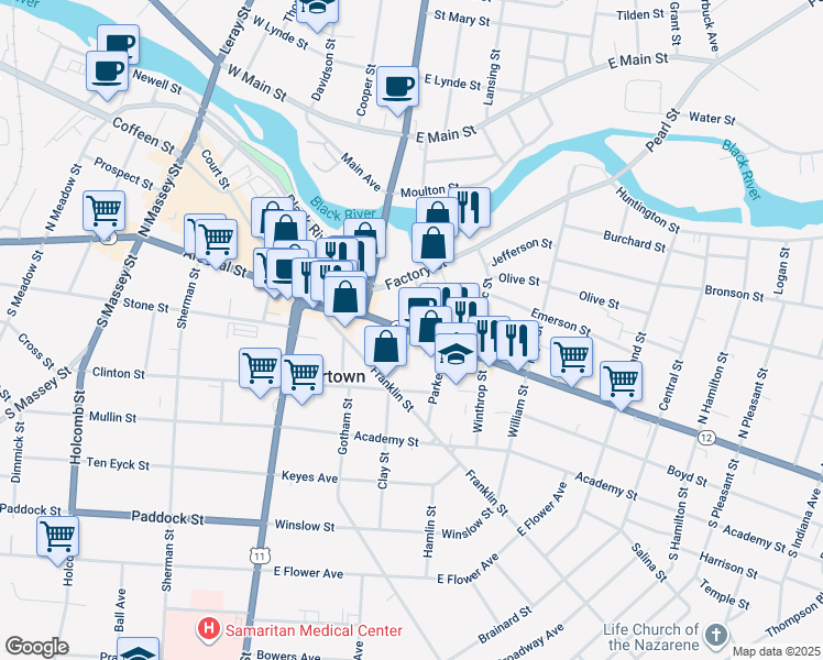 map of restaurants, bars, coffee shops, grocery stores, and more near 291 State Street in Watertown