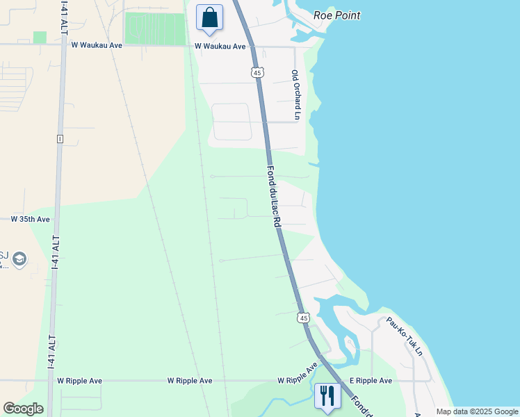 map of restaurants, bars, coffee shops, grocery stores, and more near 20 Cherry Park Court in Oshkosh