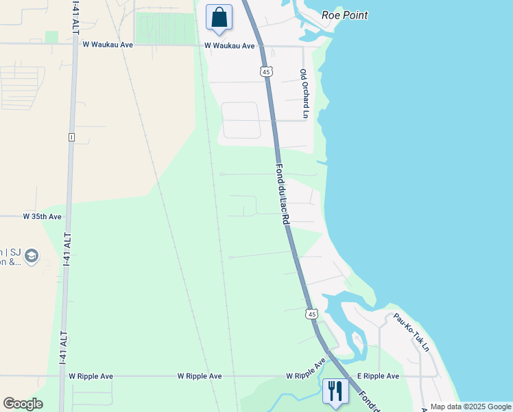 map of restaurants, bars, coffee shops, grocery stores, and more near 43 Cherry Park Court in Oshkosh