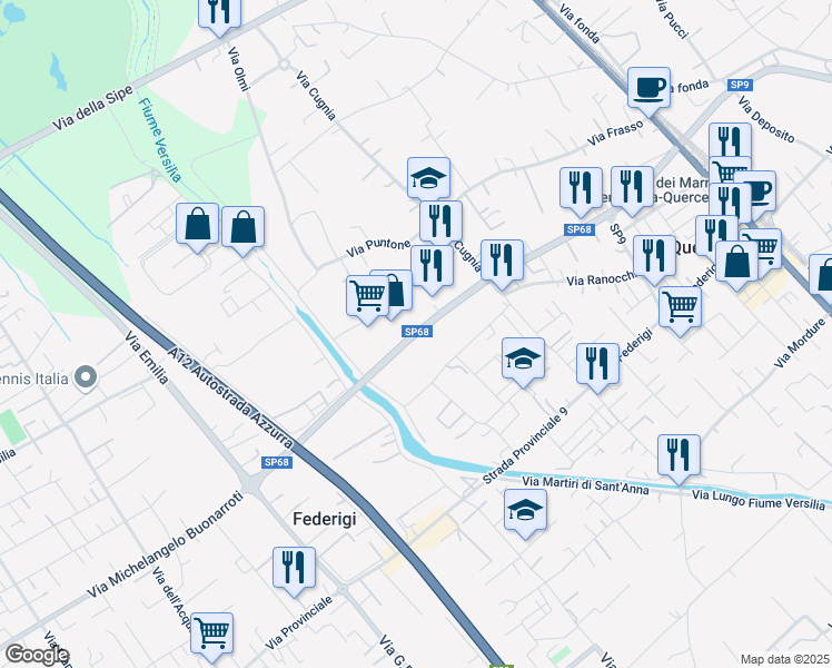 map of restaurants, bars, coffee shops, grocery stores, and more near SP68 in Provincia di Lucca