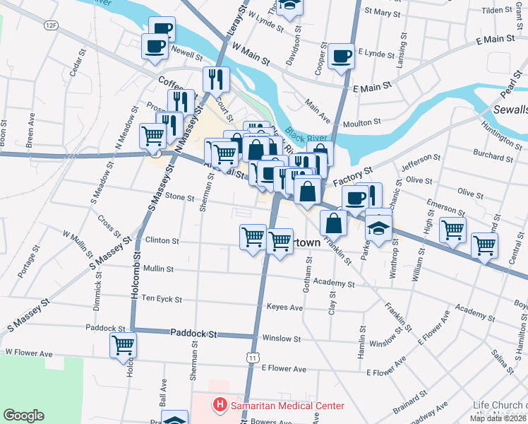 map of restaurants, bars, coffee shops, grocery stores, and more near 200 Washington Street in Watertown