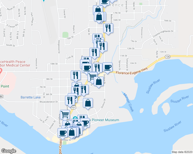 map of restaurants, bars, coffee shops, grocery stores, and more near 1720 Oregon 126 in Florence