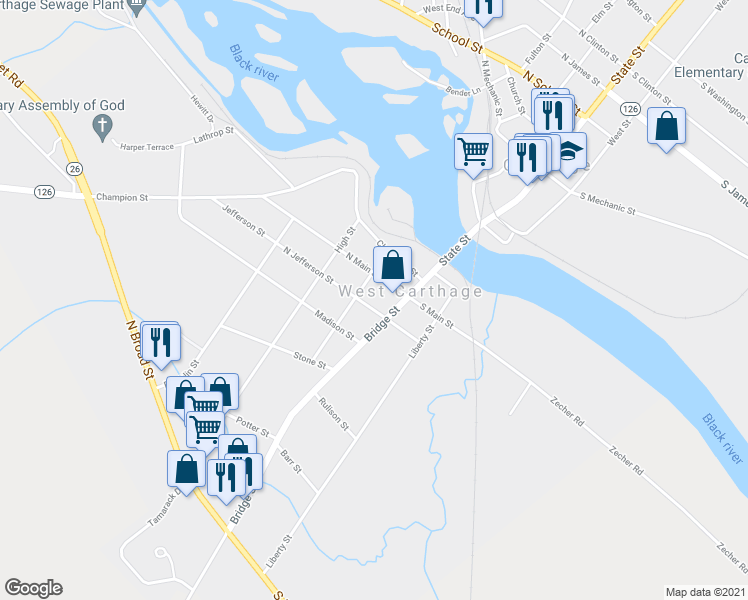 map of restaurants, bars, coffee shops, grocery stores, and more near 4 N Jefferson St in Carthage