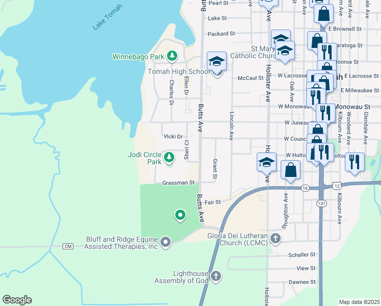 map of restaurants, bars, coffee shops, grocery stores, and more near 1402 Sheri Court in Tomah