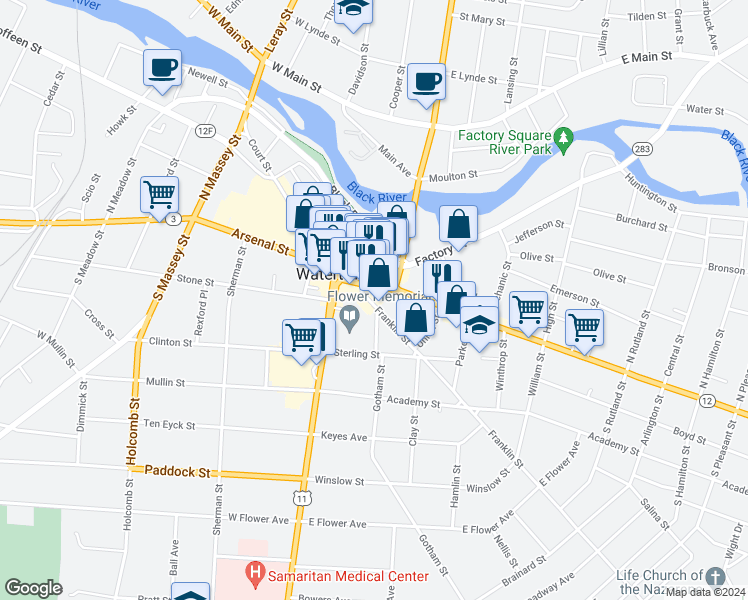 map of restaurants, bars, coffee shops, grocery stores, and more near 121 Franklin Street in Watertown
