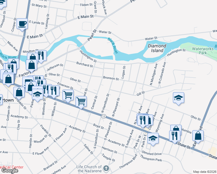 map of restaurants, bars, coffee shops, grocery stores, and more near 231 North Hamilton Street in Watertown