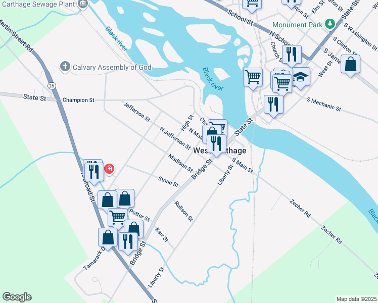 map of restaurants, bars, coffee shops, grocery stores, and more near 9 North Jefferson Street in Carthage