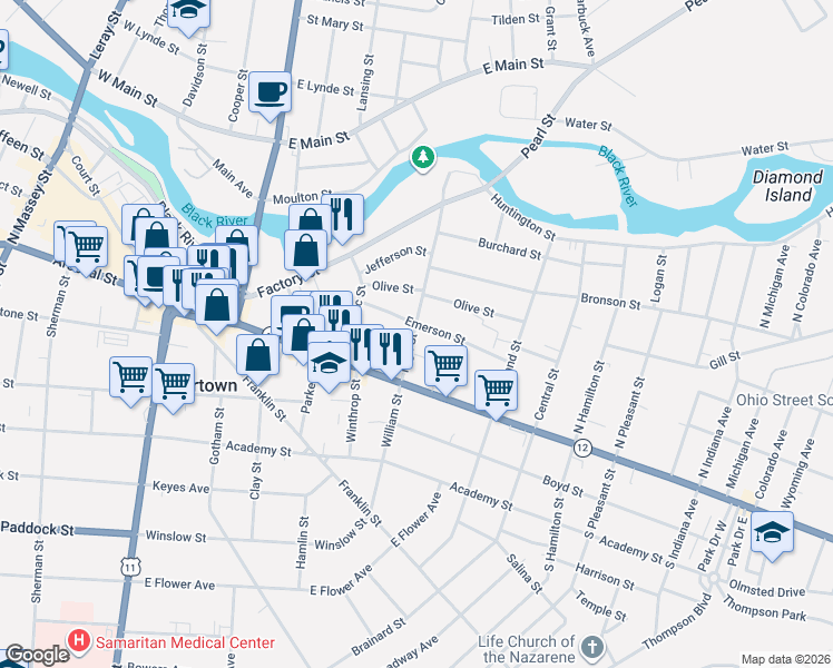 map of restaurants, bars, coffee shops, grocery stores, and more near 167 High Street in Watertown