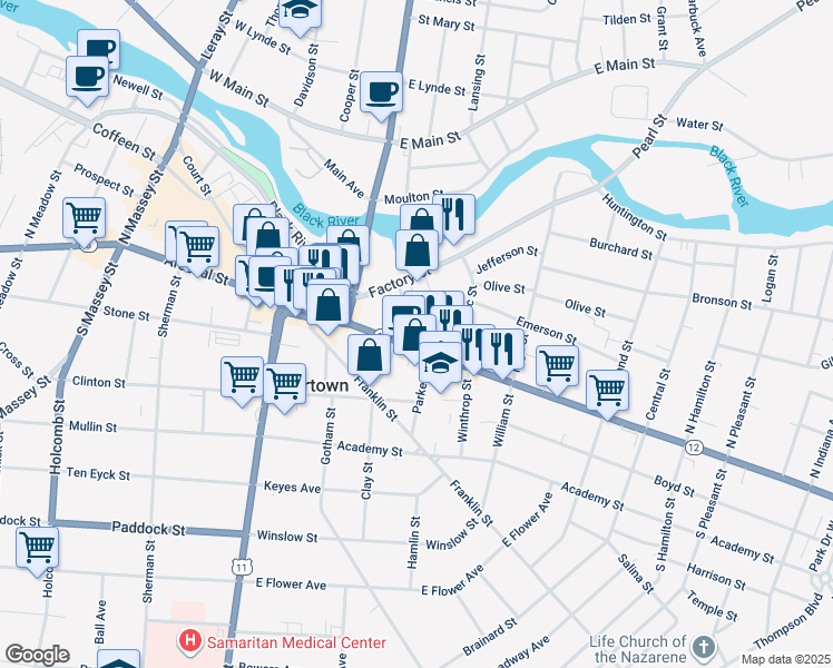 map of restaurants, bars, coffee shops, grocery stores, and more near 291 State Street in Watertown
